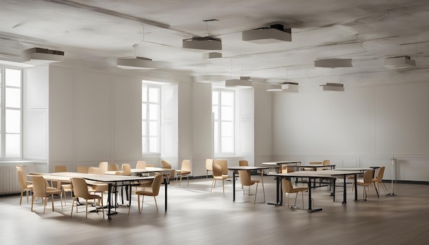 a room with tables and chairs and a wall with a ceiling fan