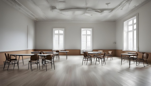 a room with tables and chairs with a ceiling fan in the middle