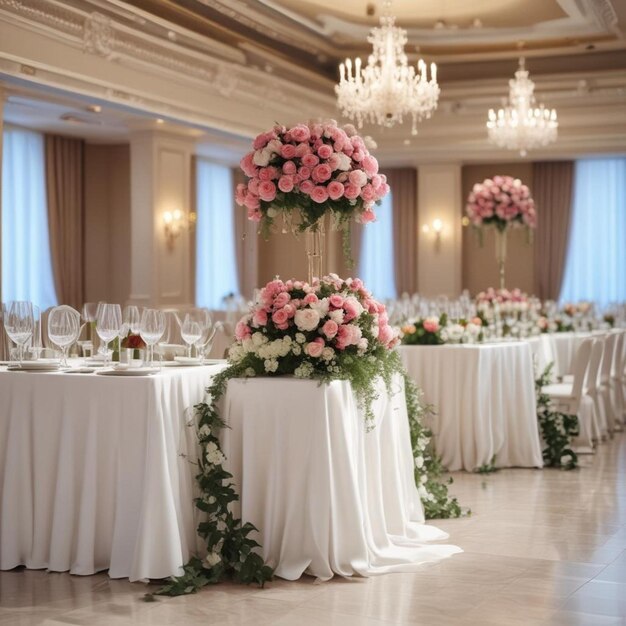 a room with tables and chairs with flowers on it