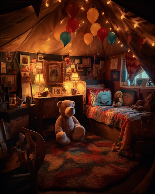 A room with a teddy bear in it and a lamp on the ceiling