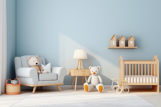 Photo a room with a teddy bear and a shelf with dolls and a dollhouse on the wall.