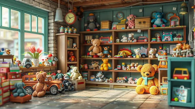 a room with a teddy bear and a toy car in it