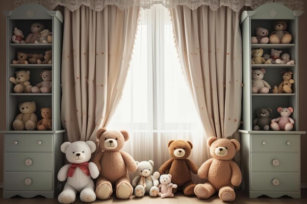 A room with a teddy bear and a window with a curtain that says " i love teddy bears ".