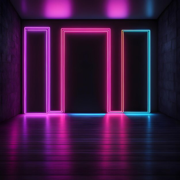 Photo a room with three doors and a door with lights on it