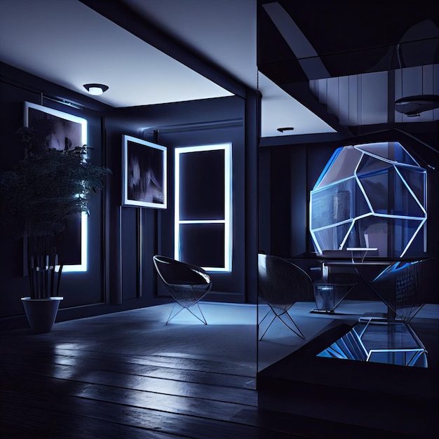 Комната с прозрачными стенами в темно-синих тонах научно-футуристический интерьер, созданный с помощью генеративного ИИ
