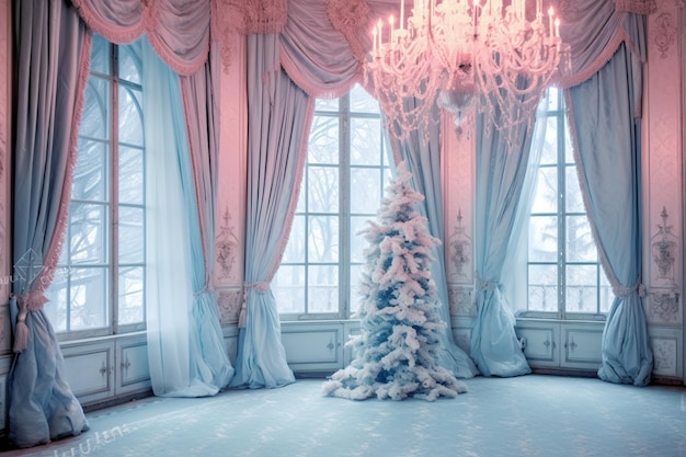 A room with a tree and chandelier