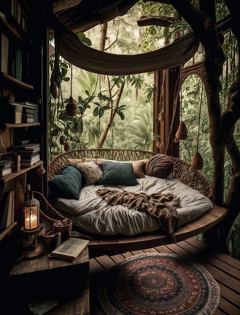 A room with a tree house and a book shelf