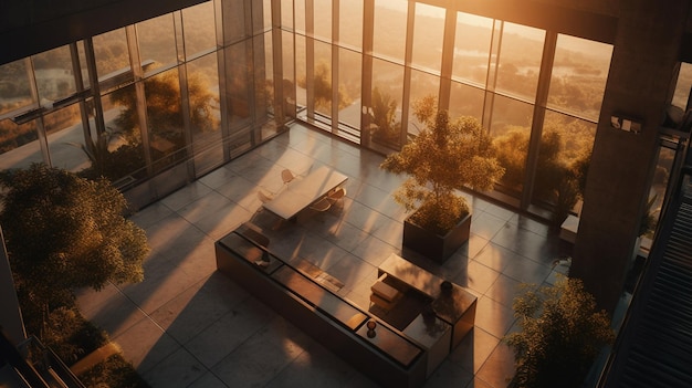 A room with a tree on the top and a table with a potted plant on it.