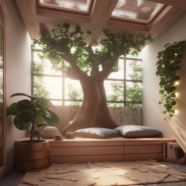 A room with a tree on the wall