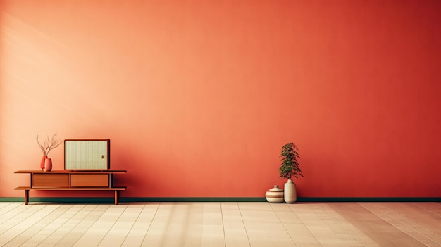 A room with a tv and a vase with a plant on it