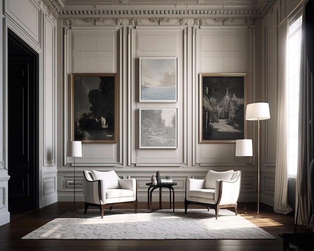 Premium AI Image | A room with two chairs and a table with paintings on ...