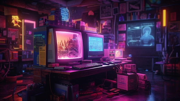 A room with two monitors and a poster that says'cyberpunk'on it