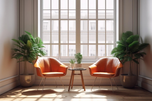 A room with two orange chairs and a table with plants on it.