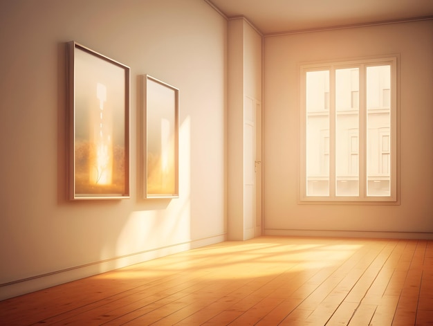 벽에 두 개의 그림이 걸려 있고, 한 개는 창문을 통해 햇빛이 비치는 방입니다.