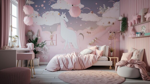 A room with a unicorn on the wall