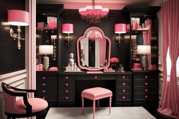 A room with a vanity and a mirror that says " i love pink "