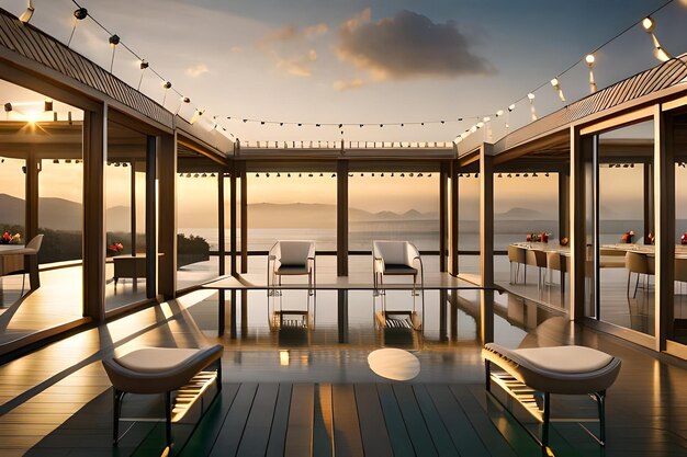 a room with a view and a balcony with a view of the ocean.