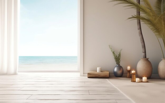 Photo a room with a view of the beach and a candle on the table