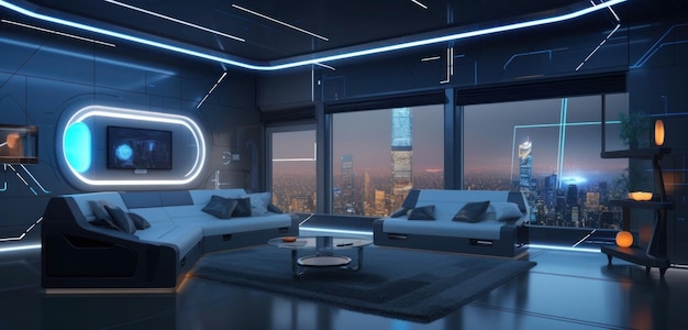 A room with a view of a city and a bed with a blue pillow.