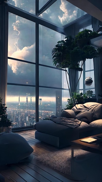 A room with a view of a city and a bed with a couch and pillows.