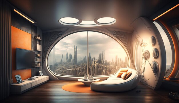 A room with a view of the city and a bed with a pillow on it.