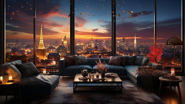 a room with a view of a city and a cityscape in the background