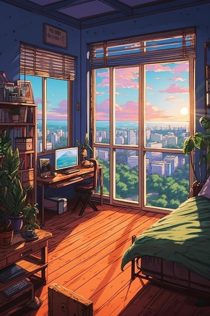 A room with a view of a city and a computer desk.