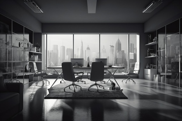 A room with a view of a city and a desk with two chairs.