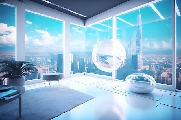 A room with a view of the city and a glass sphere