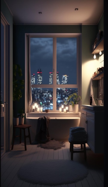 A room with a view of a city at night