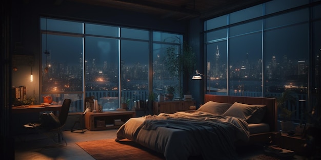 A room with a view of the city at night