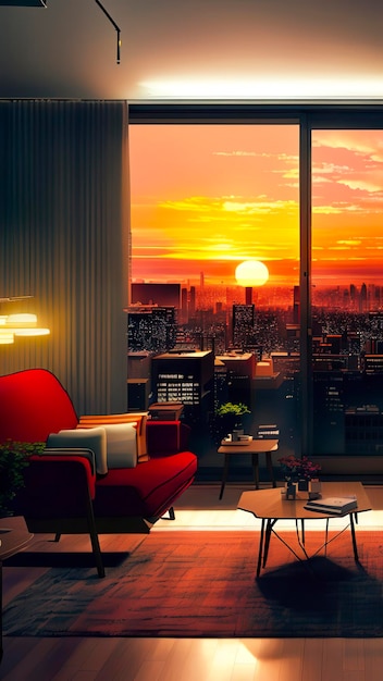 A room with a view of a city and a red couch.