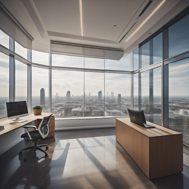 A room with a view of the city skyline.