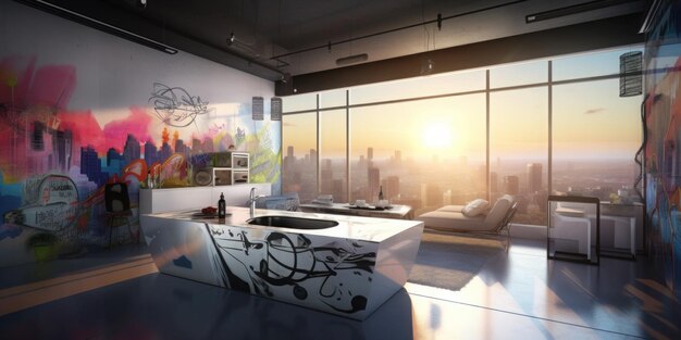 A room with a view of the city at sunset.