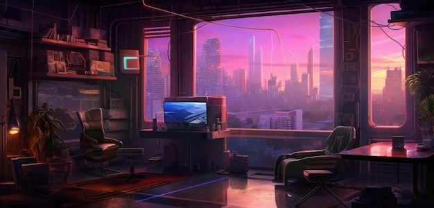 A room with a view of a city and a tv with a purple background.