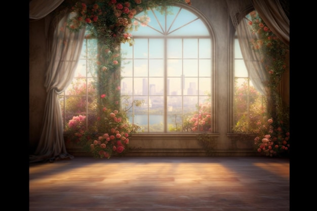 A room with a view of a city and a window with roses