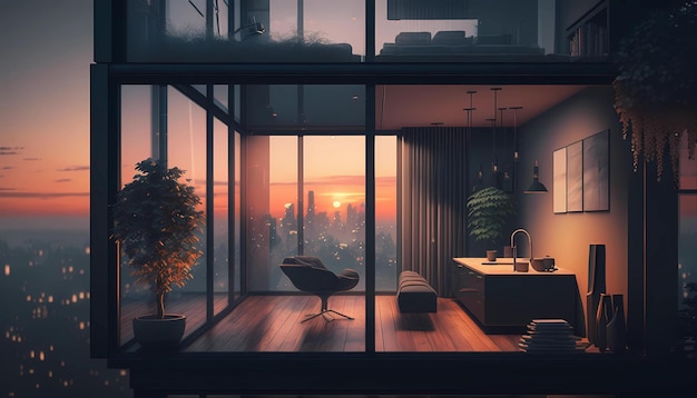 A room with a view of a city