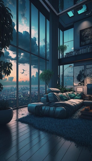 A room with a view of a city