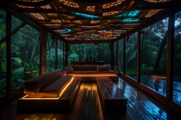 A room with a view of the forest and the lights on the ceiling