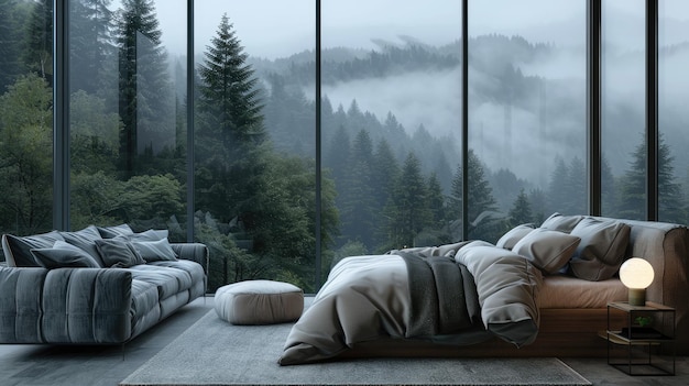 a room with a view of a forest and mountains