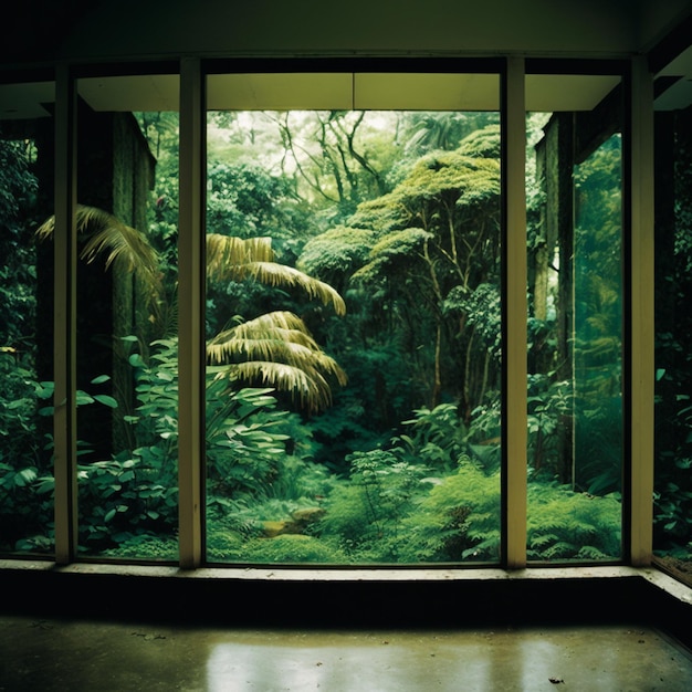 A room with a view of a forest and a window that says " the word " on it.