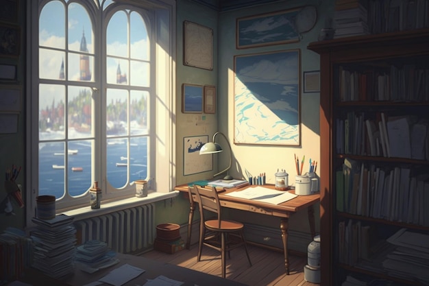 A room with a view of the lake and a desk with a book on it.