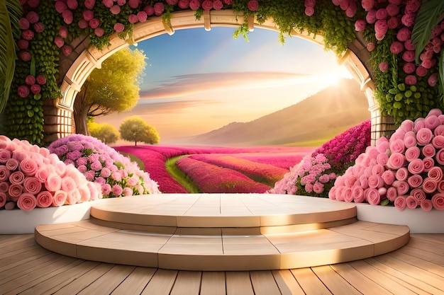 A room with a view of a landscape and flowers.