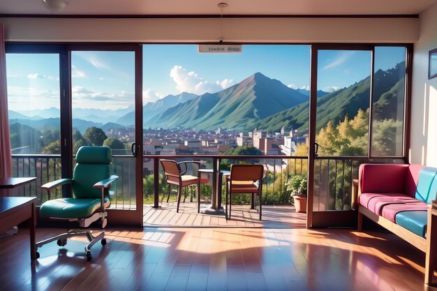 山の景色と椅子のある部屋