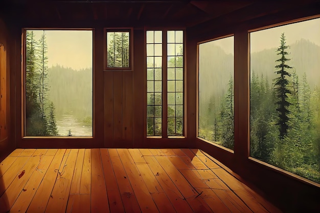 A room with a view of a mountain lake in the background.