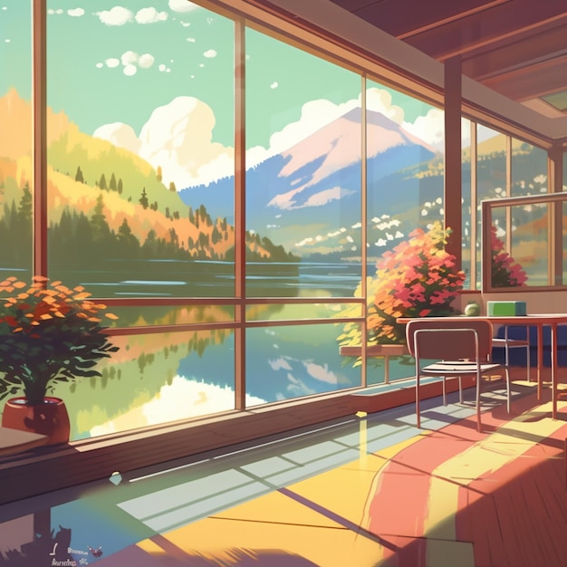 A room with a view of a mountain and a lake.
