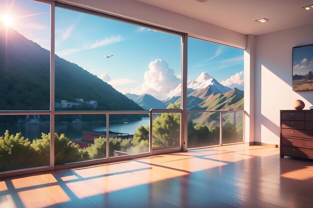 A room with a view of a mountain and a lake