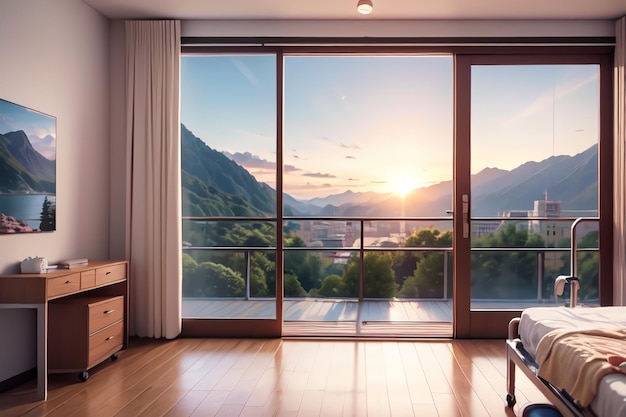 A room with a view of a mountain range