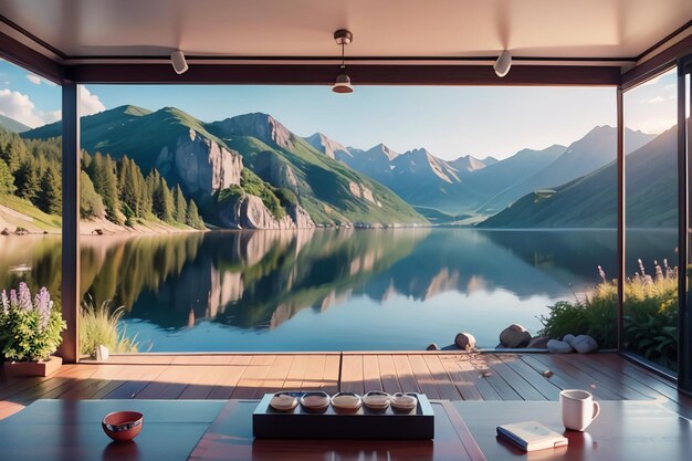 Photo a room with a view of a mountain and a table with a cup on it