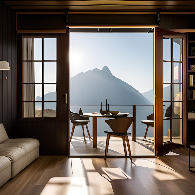 A room with a view of a mountain and a table with a view of the ocean.